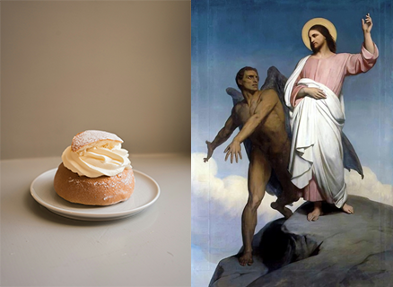 En semla och m&aring;lningen The temptaion of Christ av Ary Schaffer