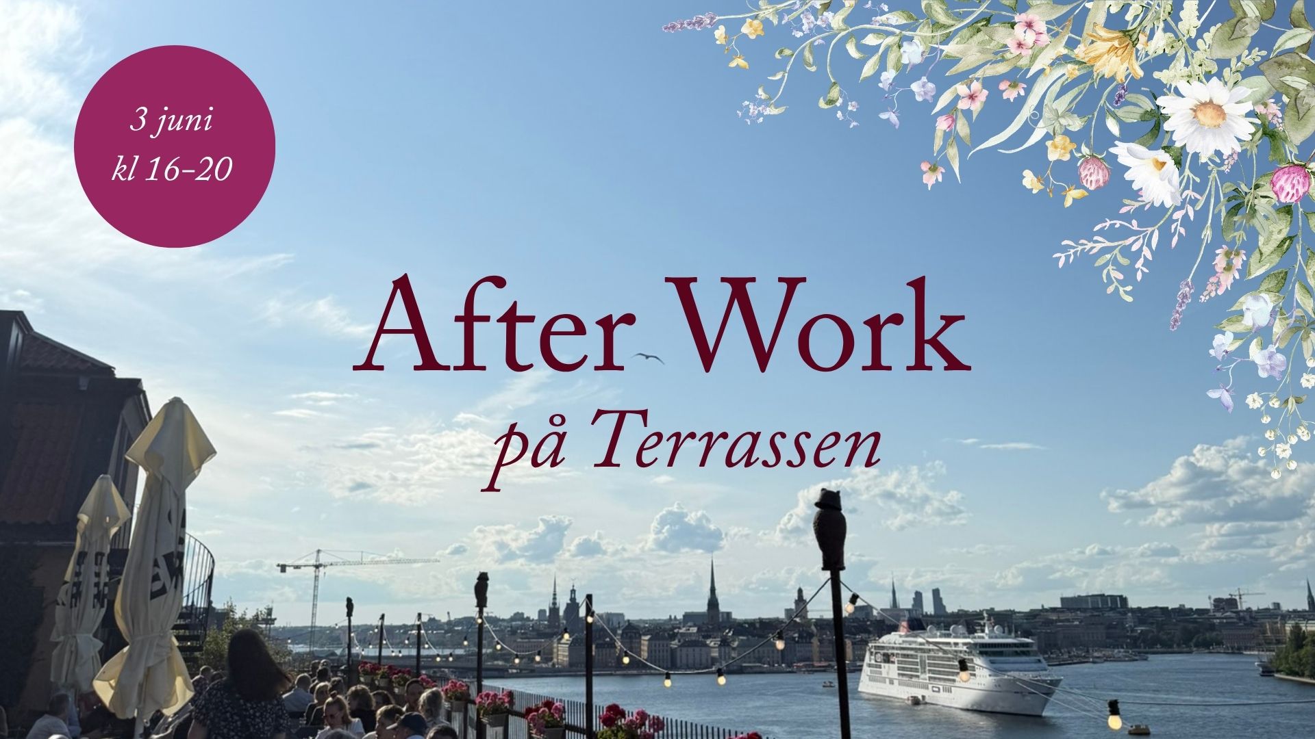 Terrassen på Ersta diakoni med utsikt över Stockholm en sommarkväll