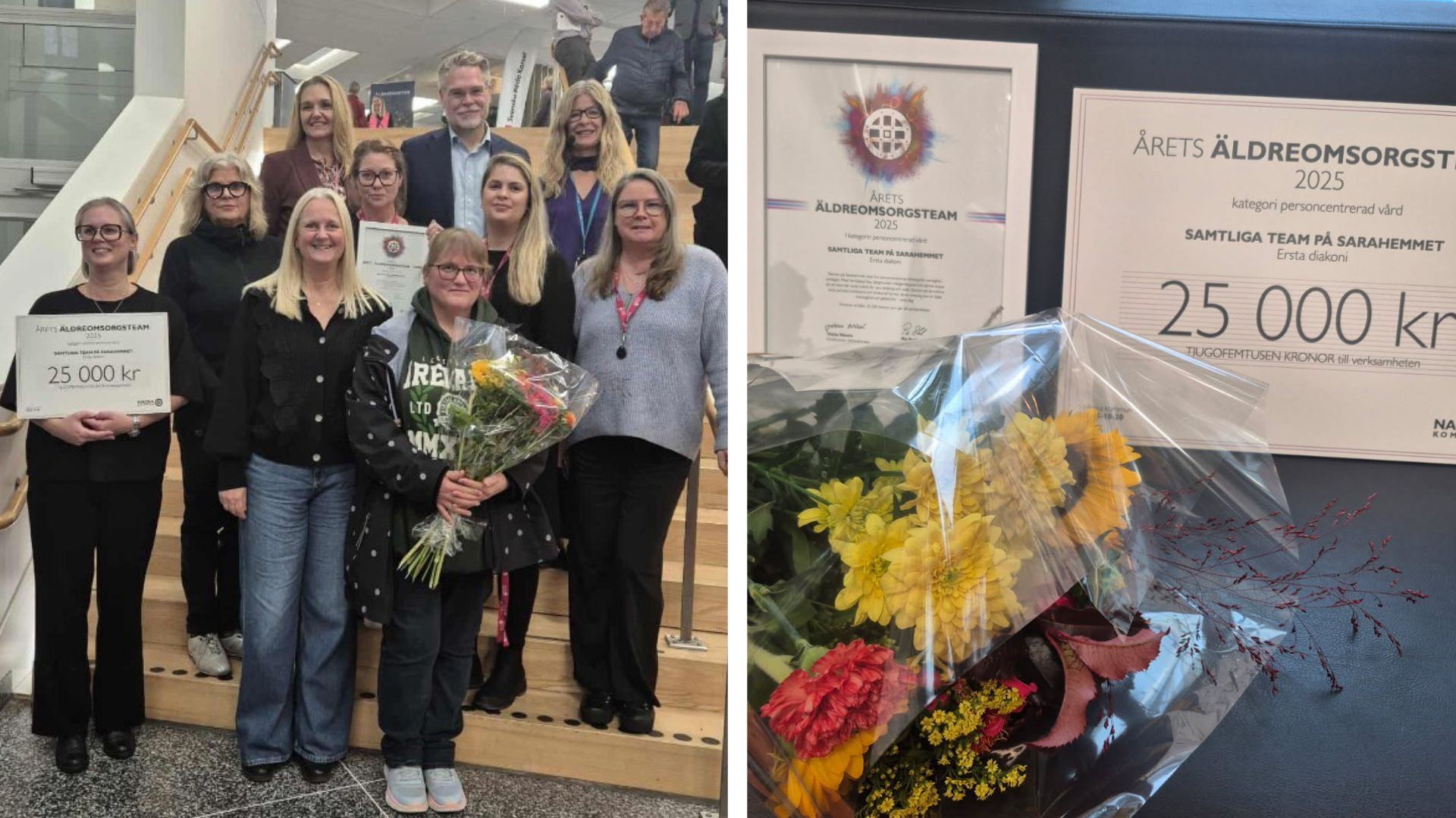 Två bilder  - en med teamet och en med diplom och vinstcheck