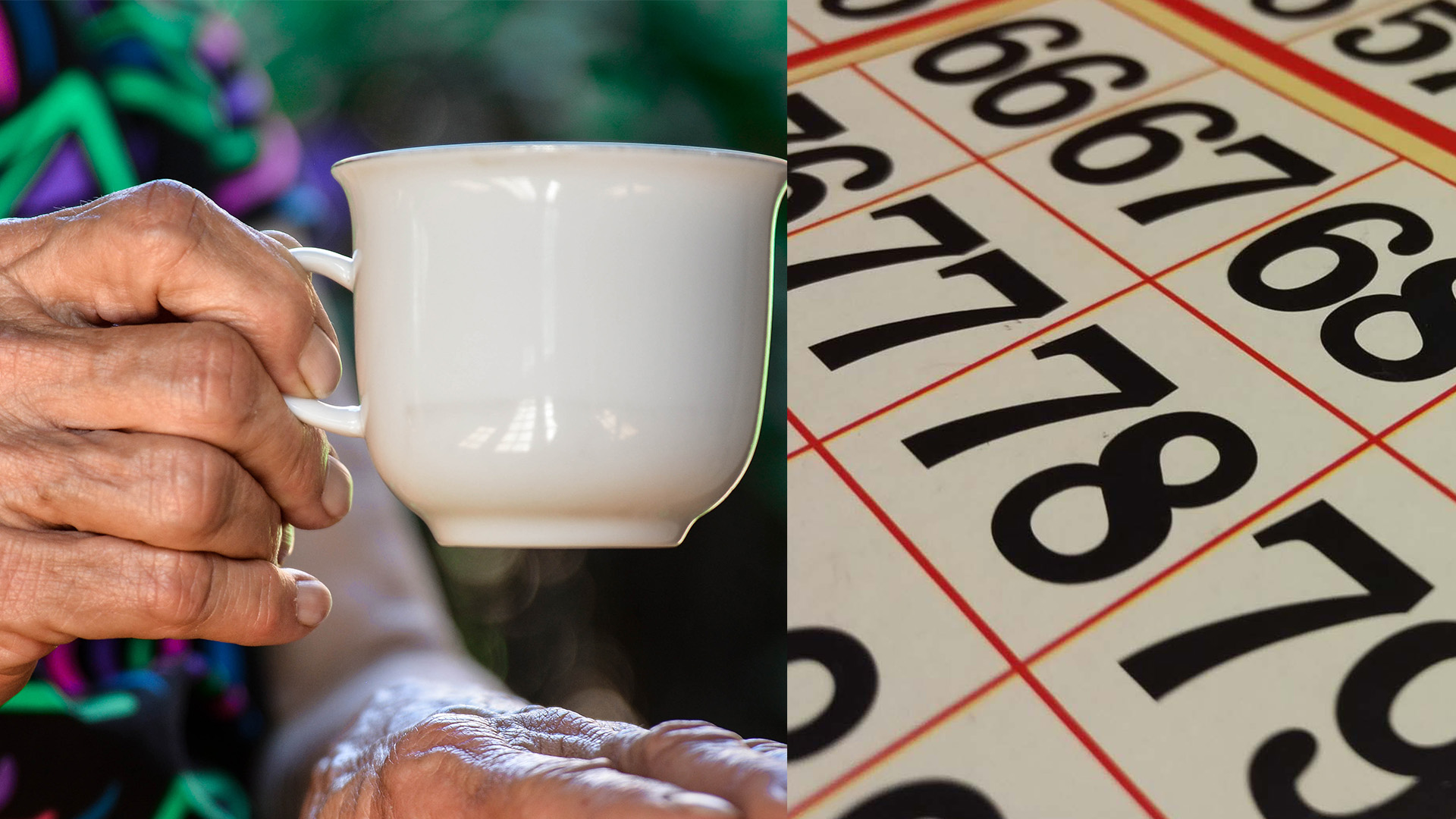 kollage på hand som håller kaffekopp och en bingoplan