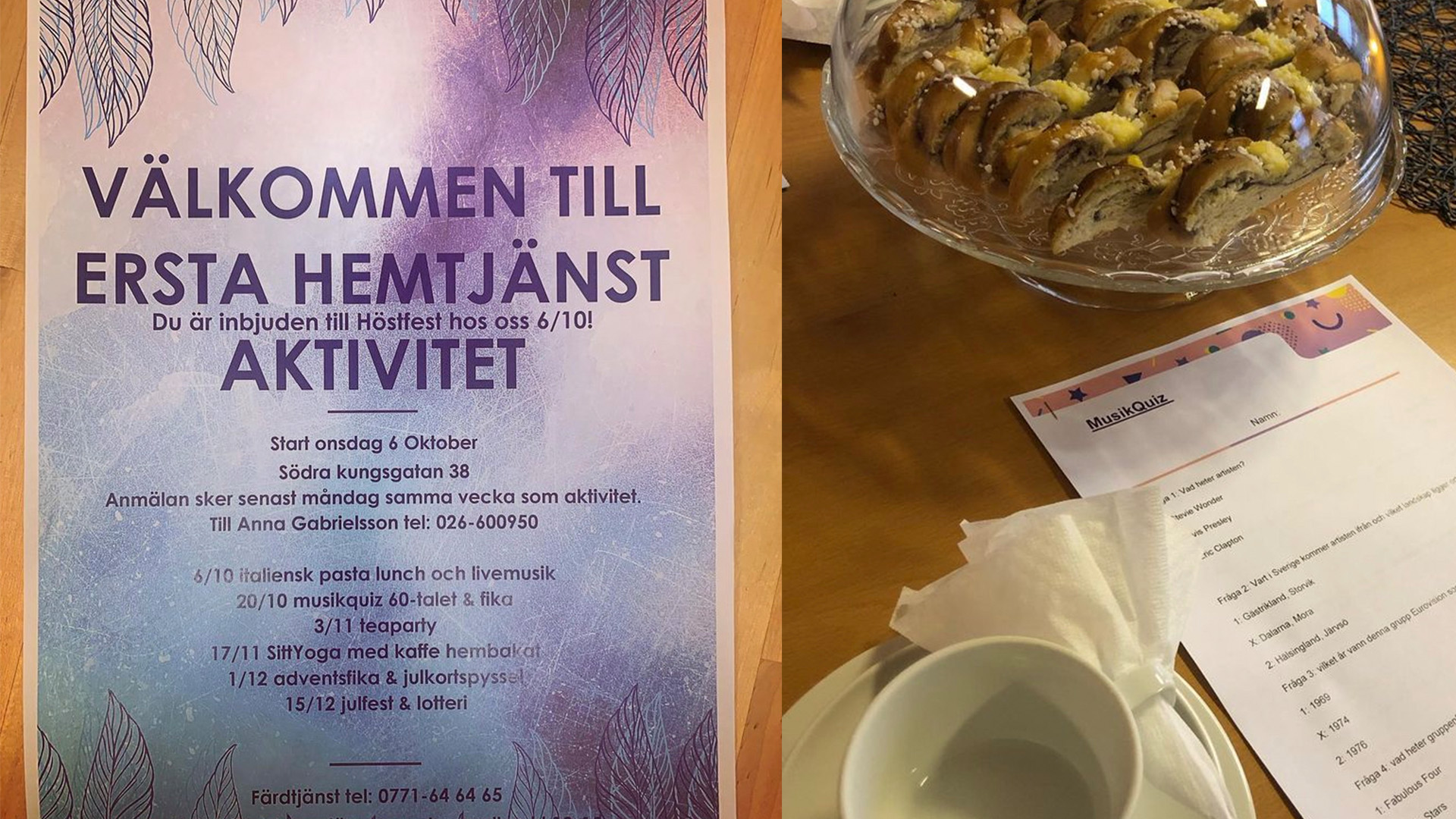 kollage inbjudan till aktiviteter samt från ett musikquiz