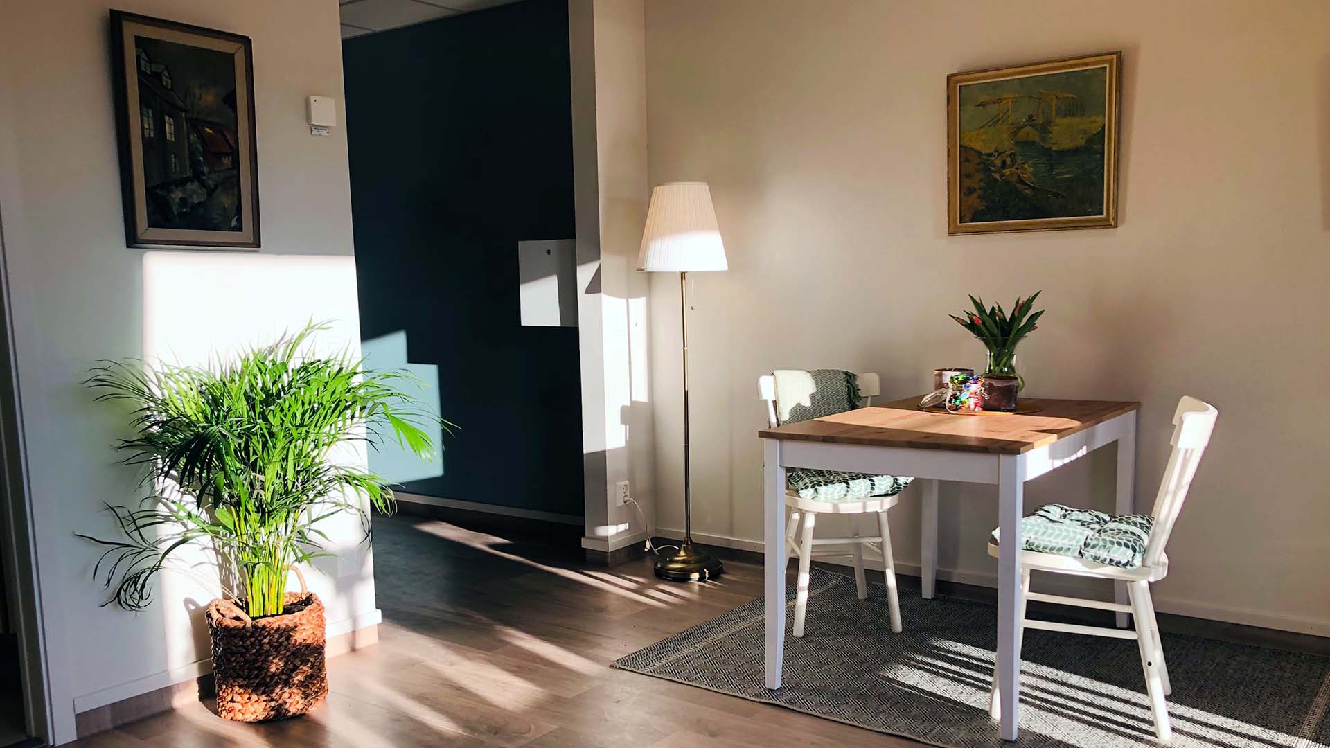Bild från en av lägenheterna på Susannahemmet, på matbord och stolar i vackert solsken