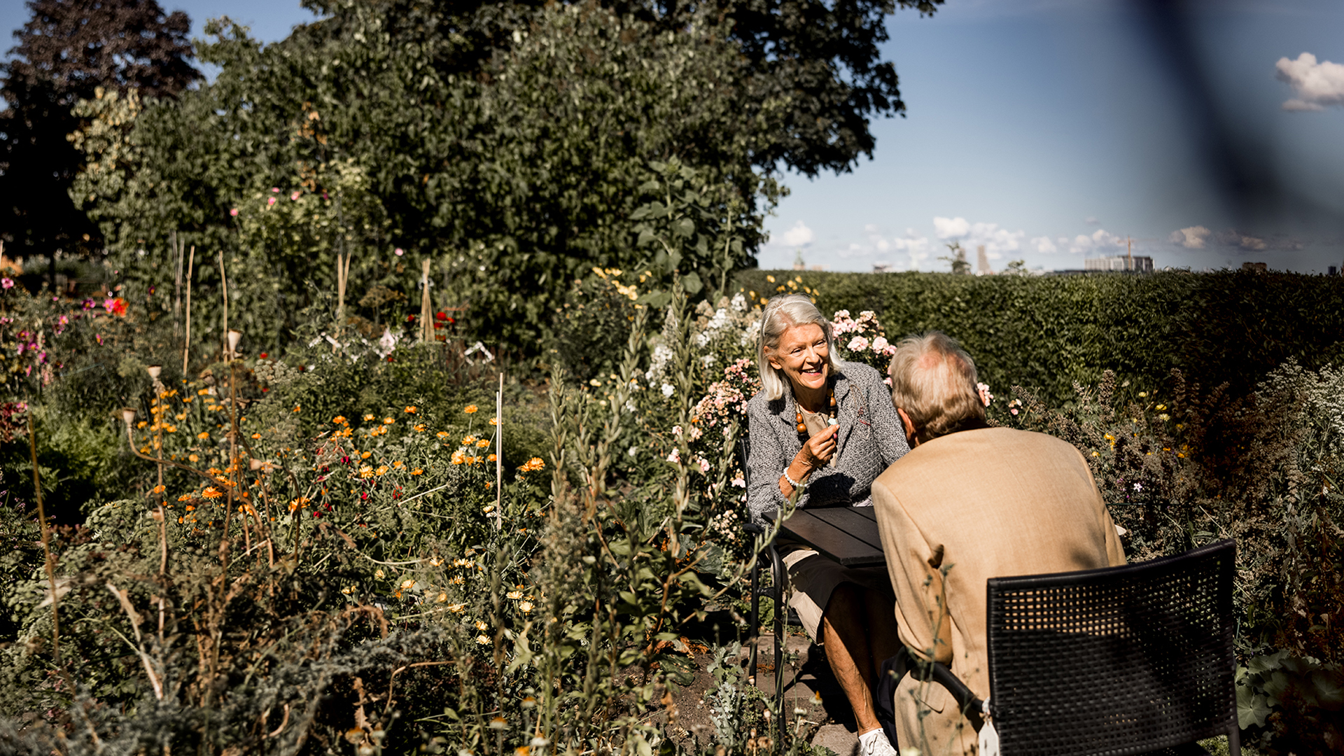 ett äldre par sitter i en lummig trädgård en solig dag