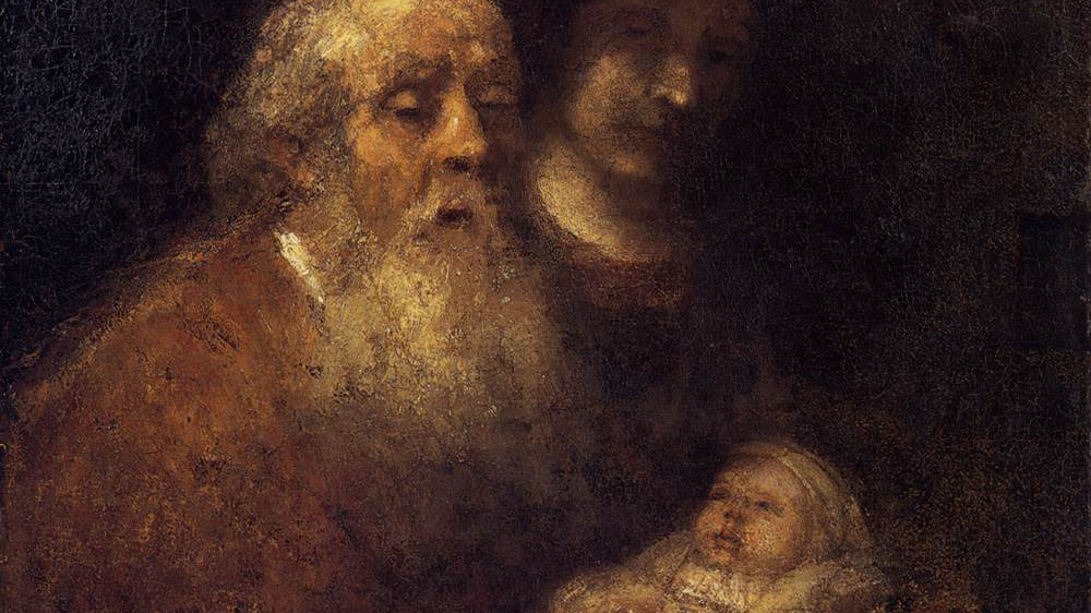 Oljemålningen Simeon i templet av Rembrandt. Beskuren. 