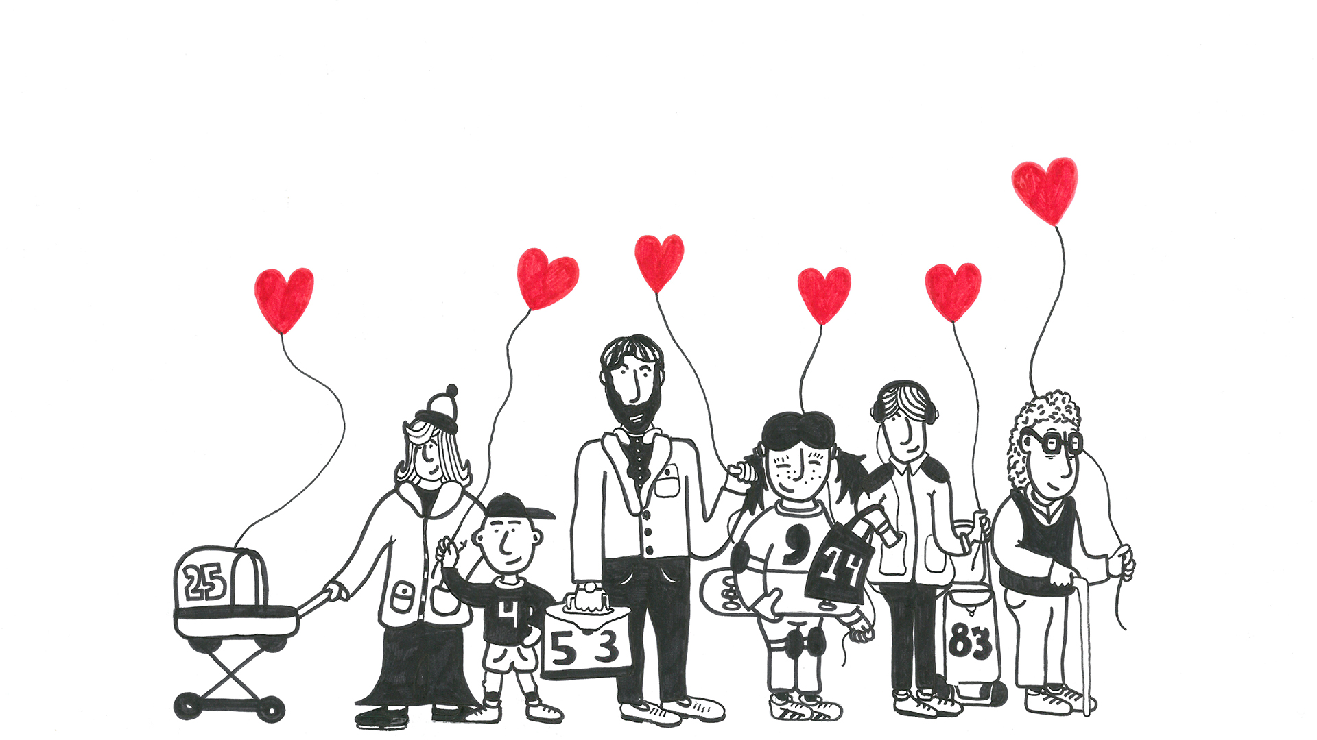 Illustration  av ett antal personer som håller i röda hjärtballonger
