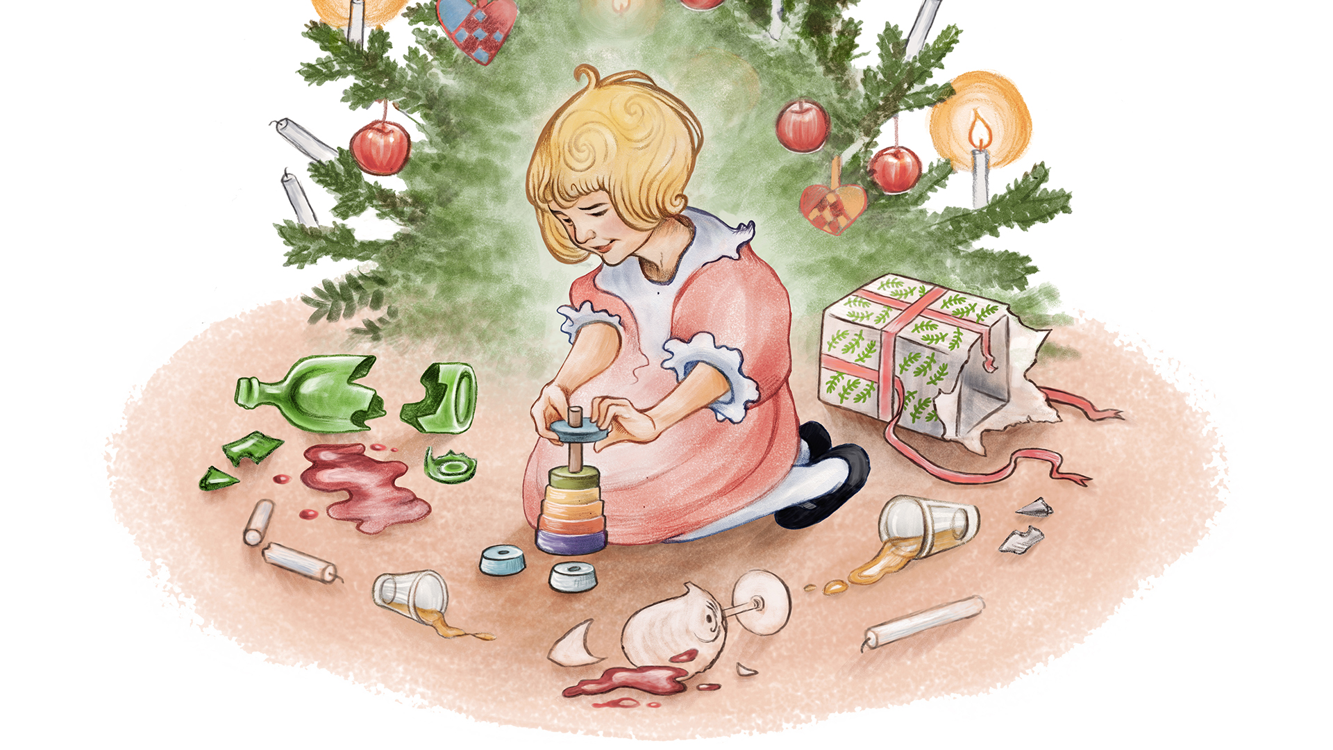 Illustration av flicka som sitter vid pyntad julgran. Runt granen ligger julklappar och trasig vinflaska och skärvor vinglas