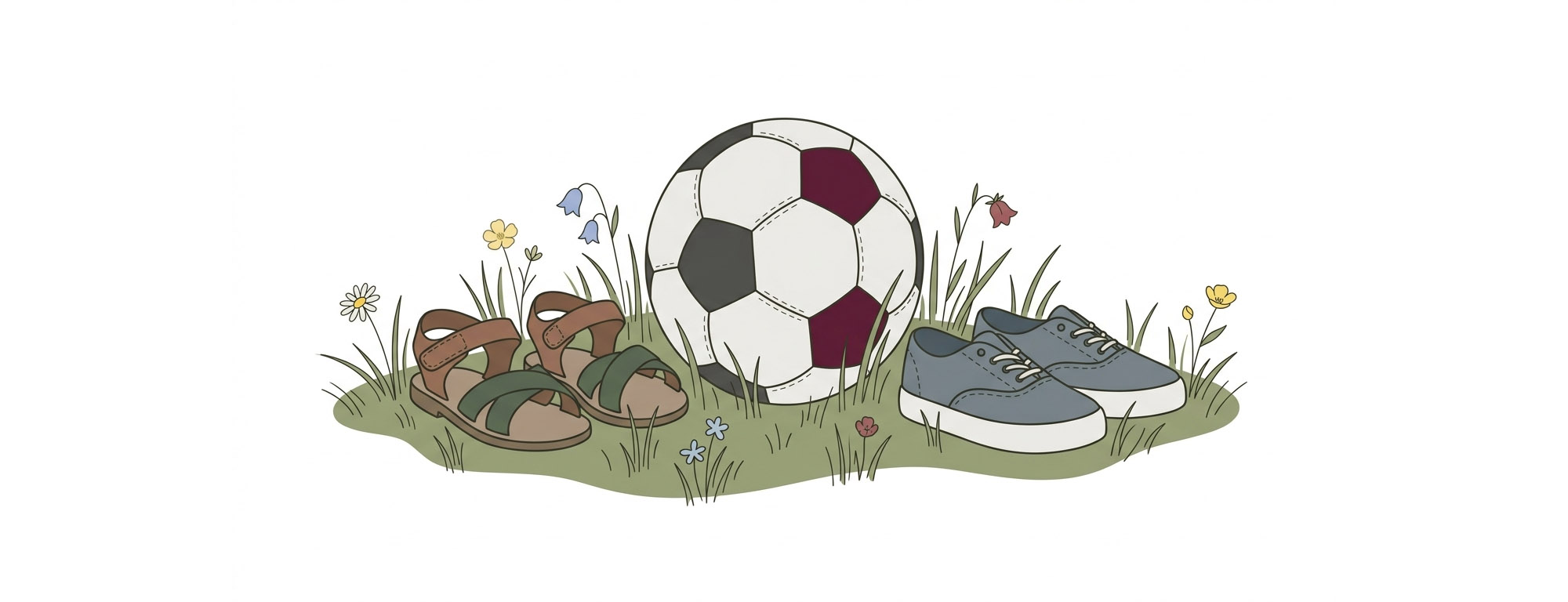 Illustration av två par barnskor och en fotboll på en äng